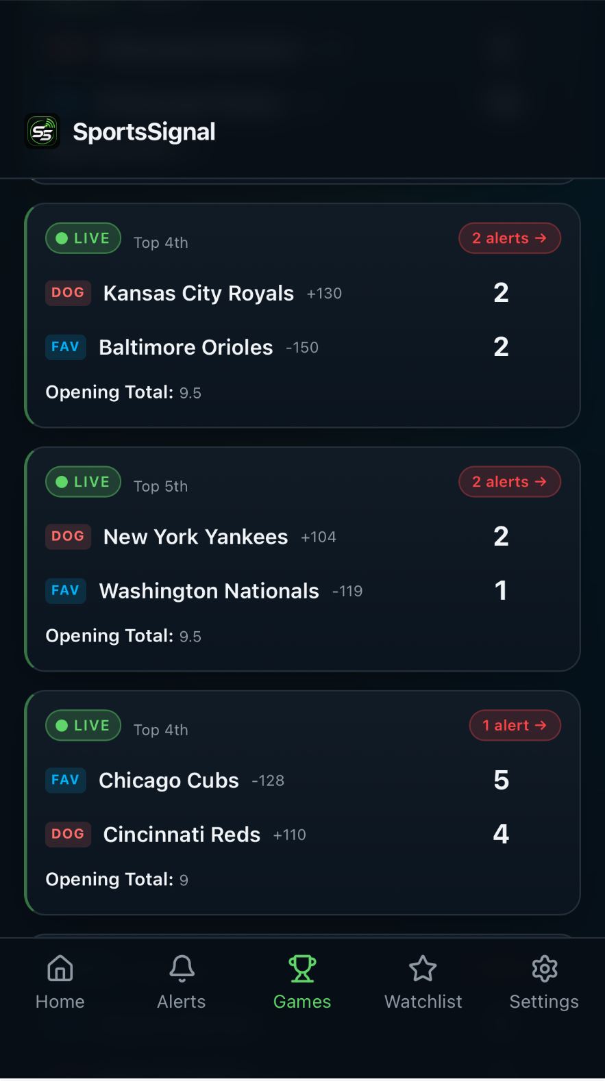 SportsSignal Games screen